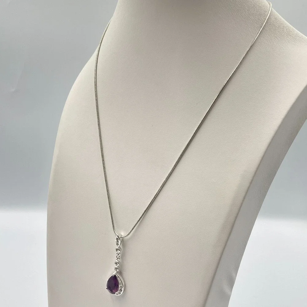 Vintage RMN Purple Pear Cut Glass Pendant Silver Tone Snake Chain Necklace